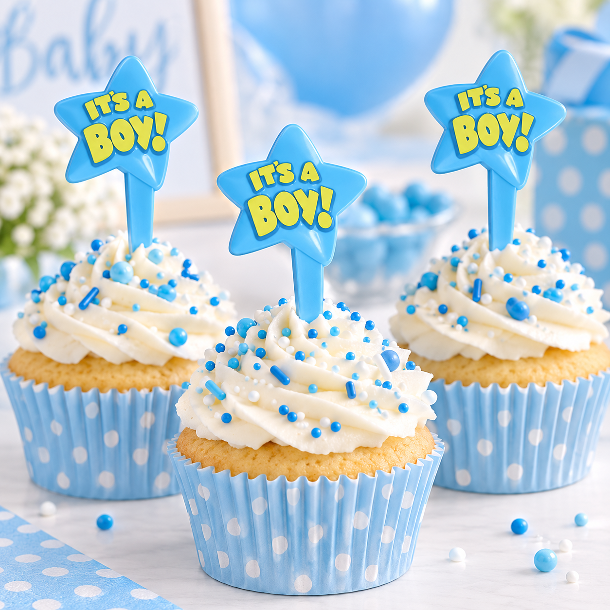 It's A Boy Big Blue Star Cupcake Picks 25PK